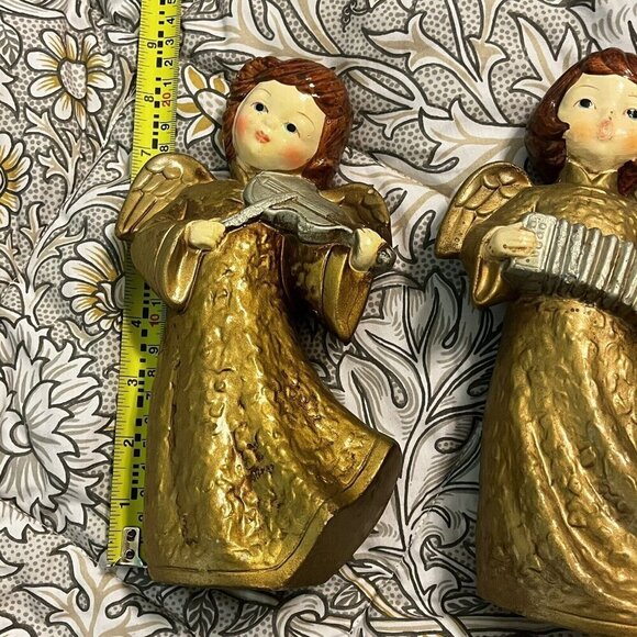 2 Vintage Christmas Angels  9"  Figurines Taiwan Gold Gowns Musical Instruments - Picture 4 of 14